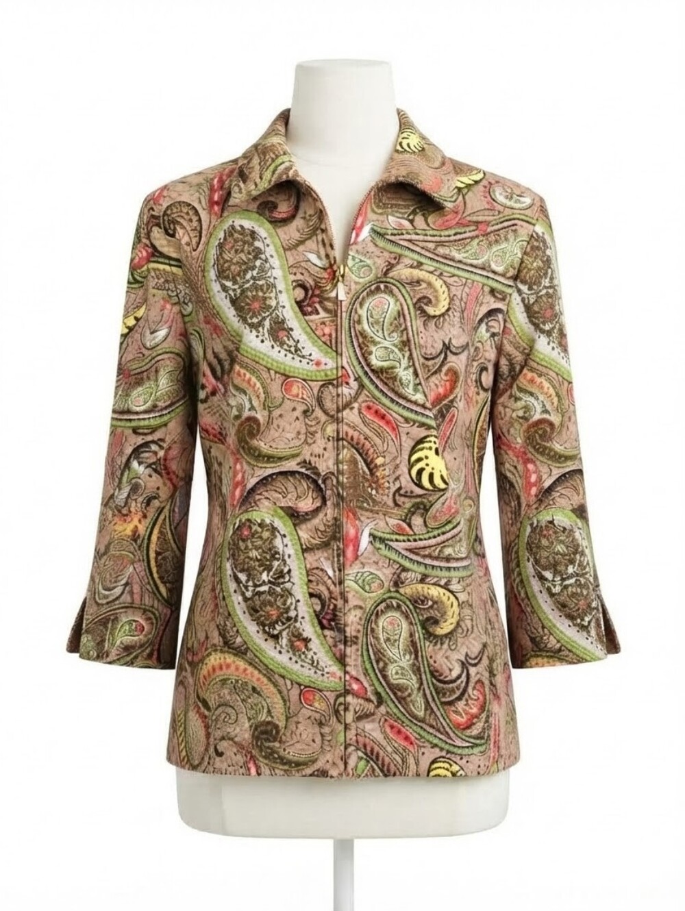 Vintage Koret Paisley Textured 100% Cotton Zip Jacket XL 3/4 Sleeve Statement